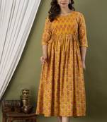 Floral printed yellow pure cotton flared maternity maxi dress