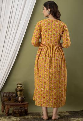 Floral printed yellow cotton flared maternity maxi dress 2