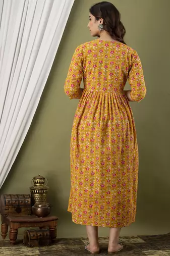 Floral printed yellow  cotton flared maternity maxi dress