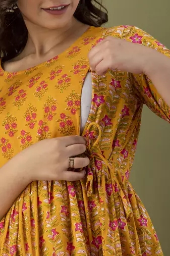 Floral printed yellow  cotton flared maternity maxi dress