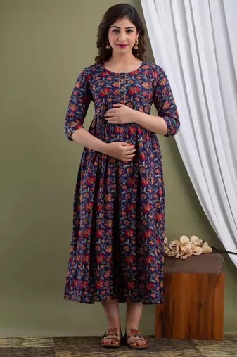 Floral printed black pure cotton flared maternity maxi dress