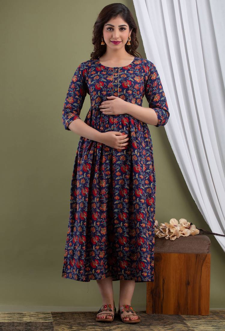 Floral printed black pure cotton flared maternity maxi dress