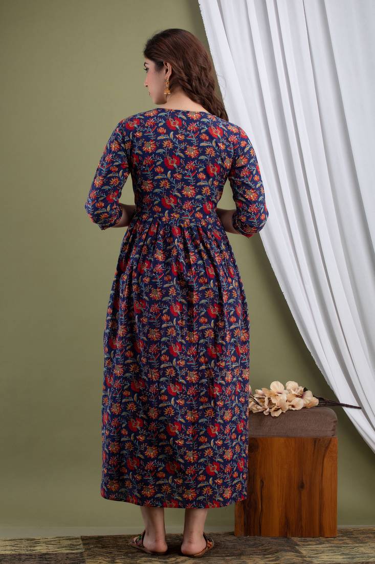 Floral printed black pure cotton flared maternity maxi dress