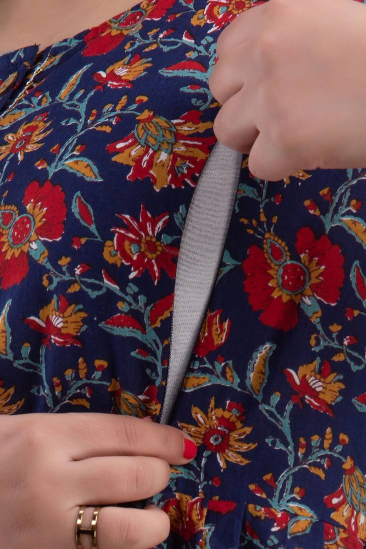 Floral printed black pure cotton flared maternity maxi dress