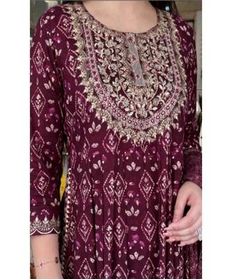 Maroon Embroidered Naira Cut Kurti Pant Dupatta Set 2