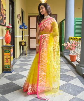 Yellow  muslin silk blend saree with pink border and woven motifs 2
