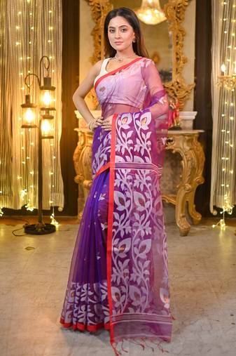 Purple pure muslin silk saree with red border and woven motifs