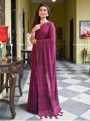 Magenta cotton linen saree with black warli art 1