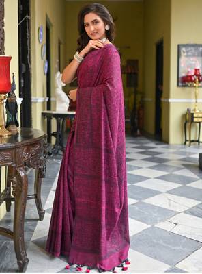 Magenta cotton linen saree with black warli art 2