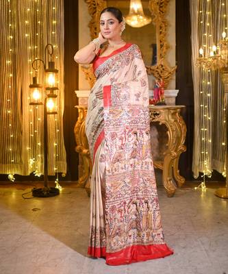 Beige bishnupuri ghicha tussar silk blend saree with multicolor madhubani hand painted design 1