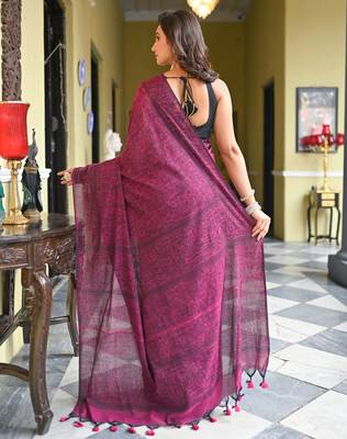 Magenta cotton linen saree with black warli art 3