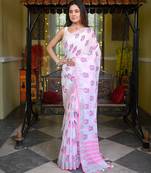 Offwhite handloom linen saree with pink owl block prints all over body