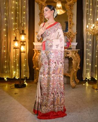Beige bishnupuri ghicha tussar silk blend saree with multicolor madhubani hand painted design 2
