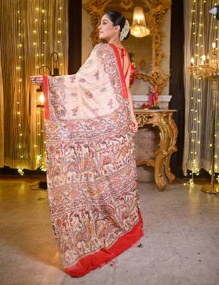 Beige bishnupuri ghicha tussar silk blend saree with multicolor madhubani hand painted design 3