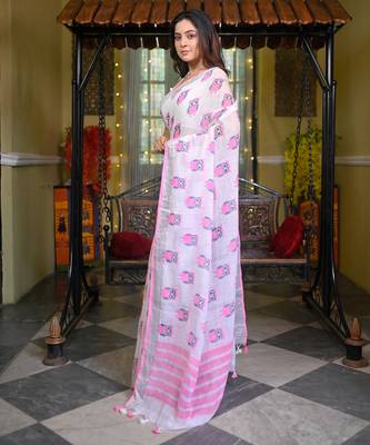 Offwhite handloom linen saree with pink owl block prints all over body 2