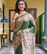 Forest green bishnupuri ghicha tussar silk saree with multicolor madhubani hand painted design