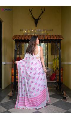 Offwhite handloom linen saree with pink owl block prints all over body 3