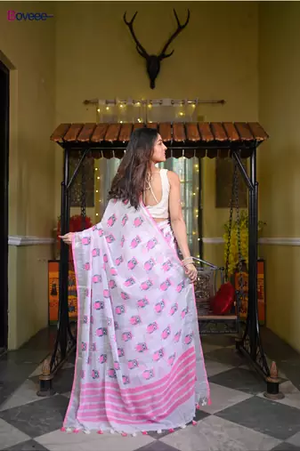 Offwhite handloom linen saree with pink owl block prints all over body