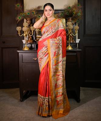 Red bishnupuri ghicha tussar silk blend saree with multicolor madhubani hand painted design 1