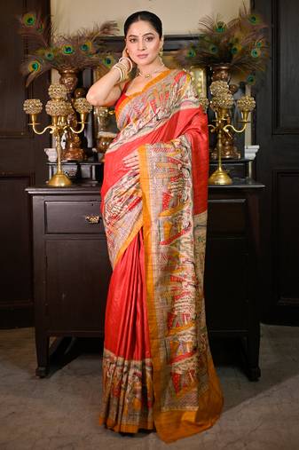 Red bishnupuri ghicha tussar silk saree with multicolor madhubani hand painted design