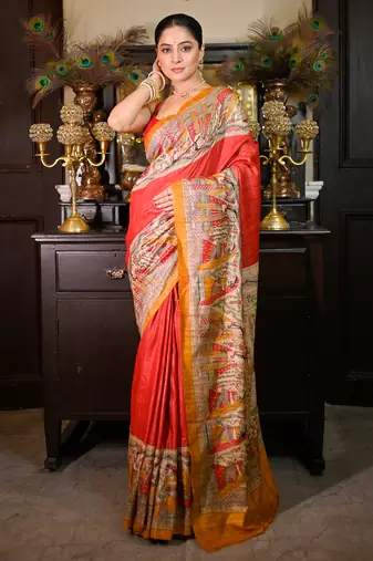 Red bishnupuri ghicha tussar silk saree with multicolor madhubani hand painted design
