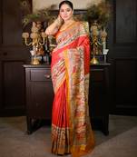 Red bishnupuri ghicha tussar silk saree with multicolor madhubani hand painted design