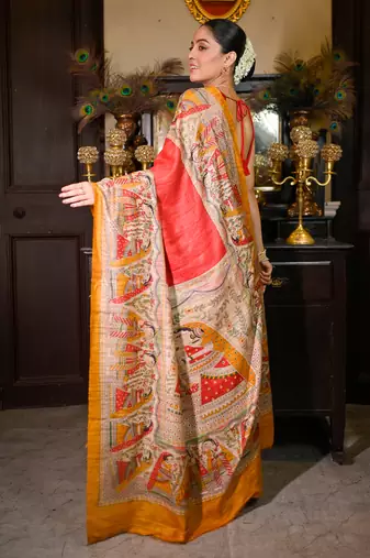 Red bishnupuri ghicha tussar silk blend saree with multicolor madhubani hand painted design