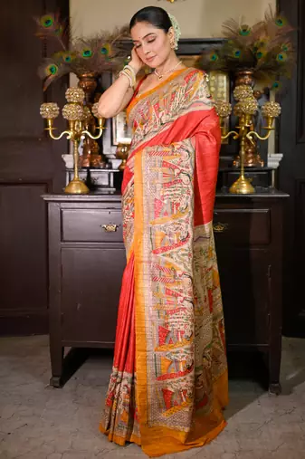 Red bishnupuri ghicha tussar silk blend saree with multicolor madhubani hand painted design