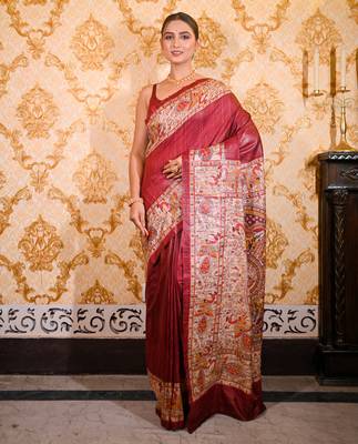 Maroon bishnupuri ghicha tussar silk blend saree with multicolor madhubani hand painted design 1