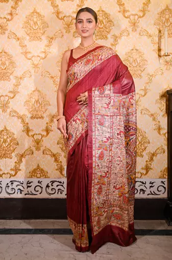 Maroon bishnupuri ghicha tussar silk saree with multicolor madhubani hand painted design
