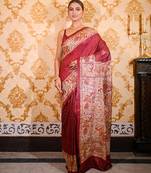 Maroon bishnupuri ghicha tussar silk saree with multicolor madhubani hand painted design