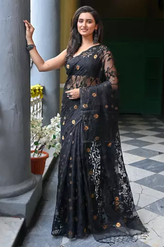 Black pure muslin silk saree with self leaf woven motifs and golden flower butis