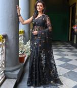 Black pure muslin silk saree with self leaf woven motifs and golden flower butis