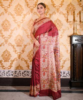 Maroon bishnupuri ghicha tussar silk blend saree with multicolor madhubani hand painted design 2