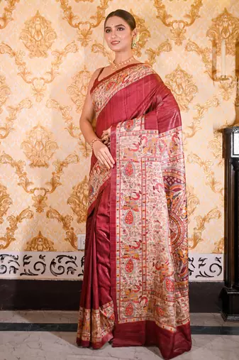Maroon bishnupuri ghicha tussar silk blend saree with multicolor madhubani hand painted design
