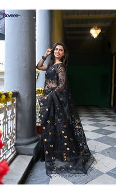 Black pure muslin silk saree with self leaf woven motifs and golden flower butis 2