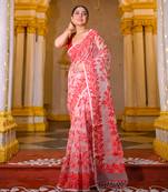 Offwhite pure muslin silk saree with red leaf woven motifs and golden flower butis