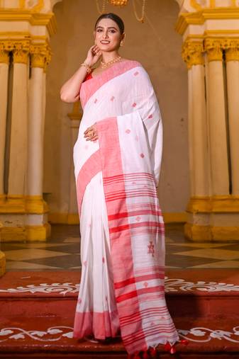 White and red pure handloom cotton saree with red border and stripe