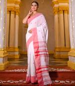 White and red pure handloom cotton saree with red border and stripe