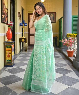 Mint green cotton jamdani saree with offwhite woven design 3