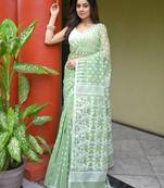 Olive green cotton jamdani saree with offwhite woven design