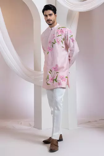 Pink embroidered chanderi kurta set