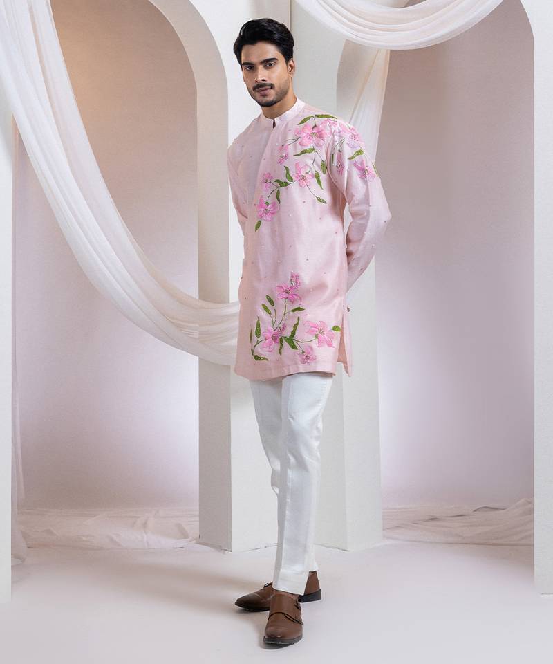 Pink embroidered chanderi kurta set