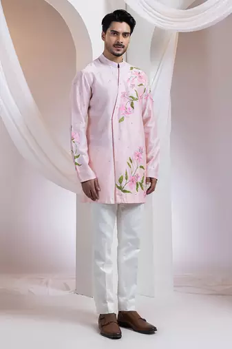 Pink embroidered chanderi kurta set