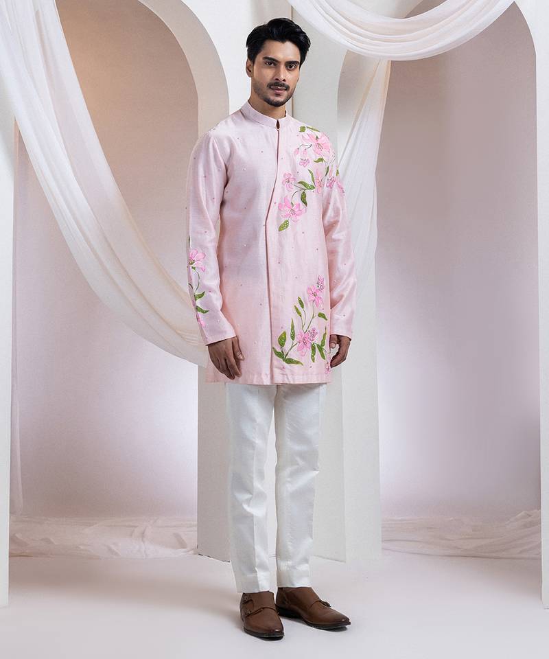 Pink embroidered chanderi kurta set