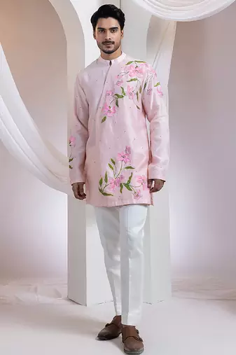 Pink embroidered chanderi kurta set