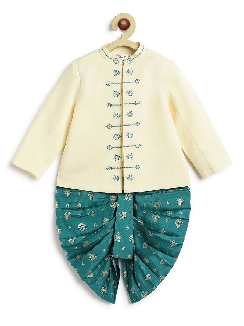 Cream embroidered viscose  bandhgala Set