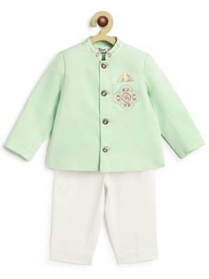 Green plain viscose bandhgala Set 2