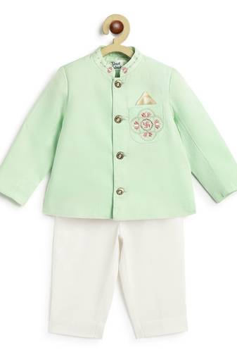 Green plain viscose bandhgala Set