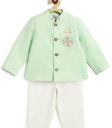 Green plain viscose bandhgala Set